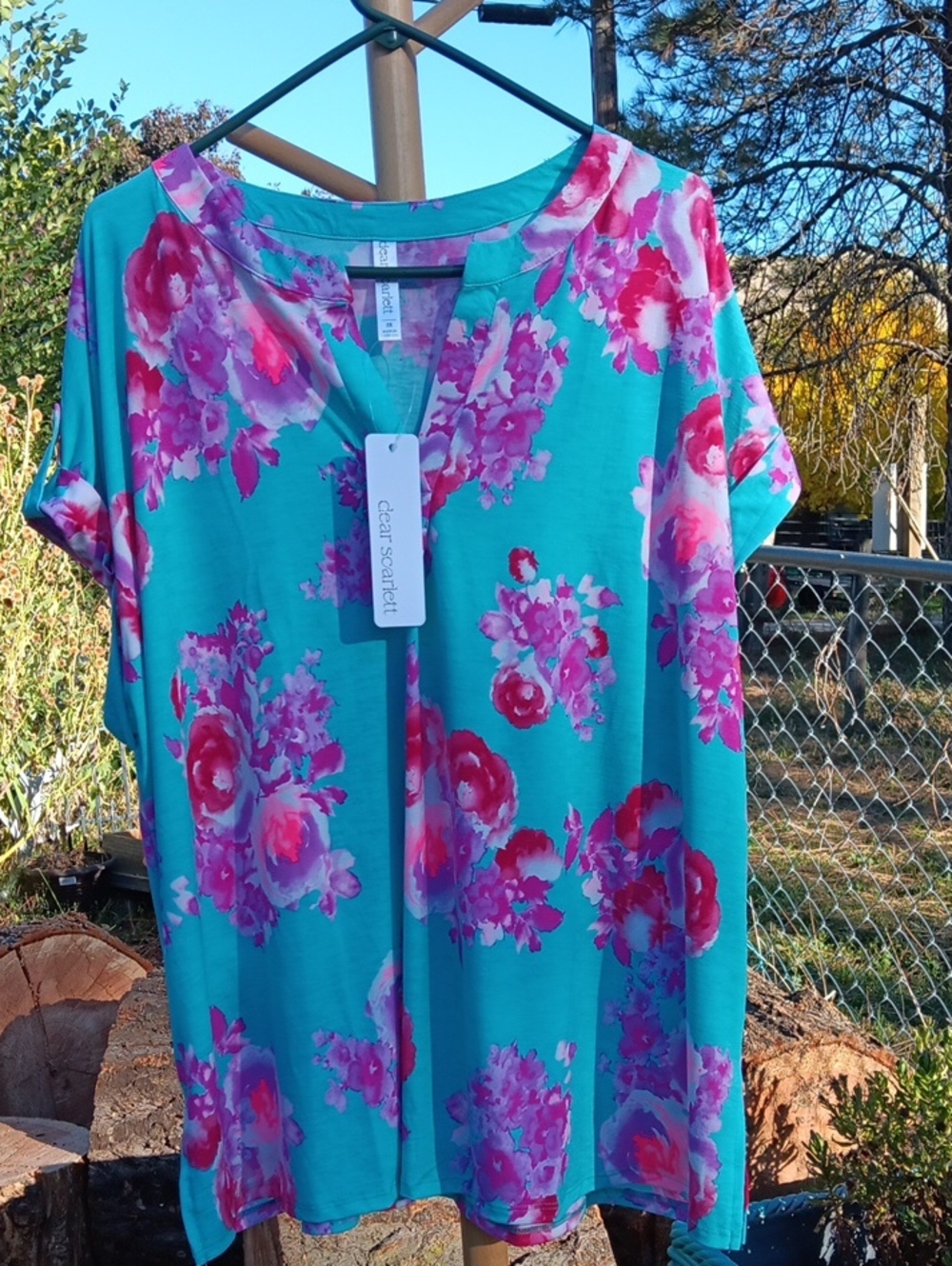 Clear Scents Floral Turquoise V-Neck Blouse